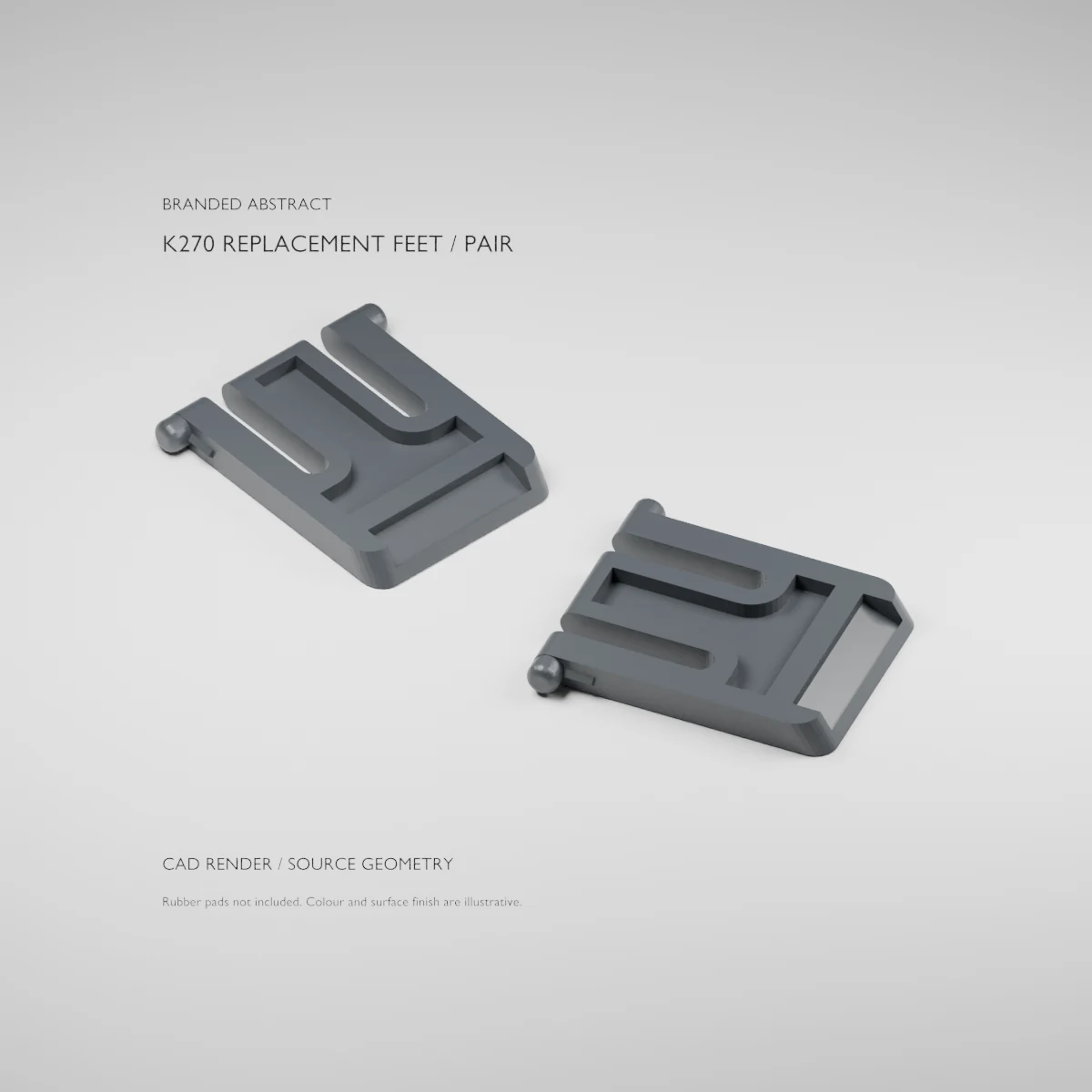 Original CAD render of two Logitech K270 replacement plastic feet; rubber pads not included