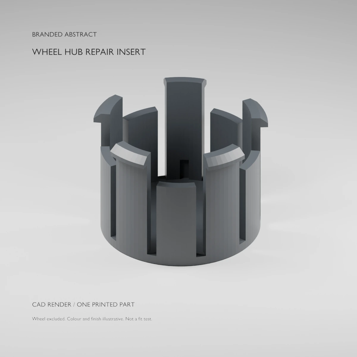 Original CAD illustration of one black wheel hub repair insert, showing slotted fingers and retaining tabs; wheel excluded